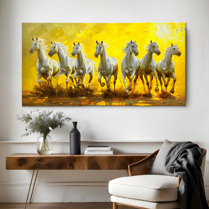 Stretched Canvas 3D 7 Running Horses Vastu Wall Art Symbol of Progress and Growth Painting, Stretched Canvas Feng Shui Horse Painting 61x122 cm