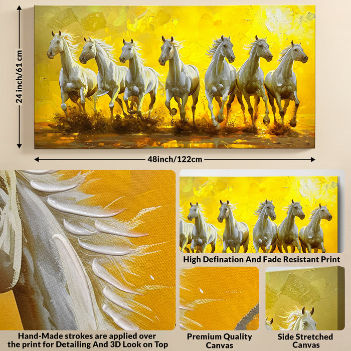 Stretched Canvas 3D 7 Running Horses Vastu Wall Art Symbol of Progress and Growth Painting, Stretched Canvas Feng Shui Horse Painting 61x122 cm