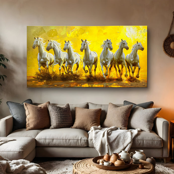 Stretched Canvas 3D 7 Running Horses Vastu Wall Art Symbol of Progress and Growth Painting, Stretched Canvas Feng Shui Horse Painting 61x122 cm