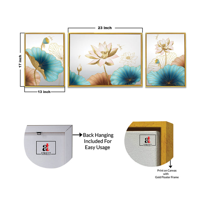 Artsy Blue blooming lotus Floral-  3 Canvas set Wall Painting For Home Décor