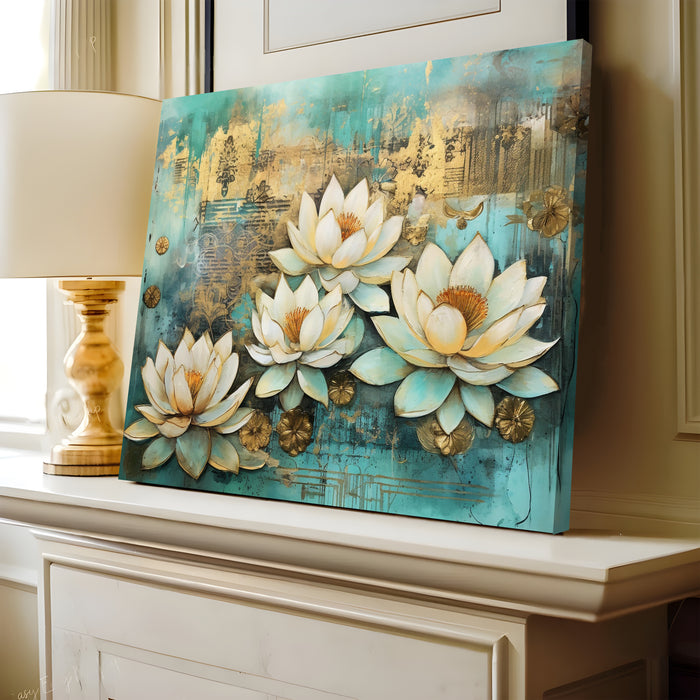 Portrait Stretched Canvas Lotus Floral Indian Classic Madhubani Wall Art Print Décor Printed on Canvas Stretched on Wood 41x56 cm