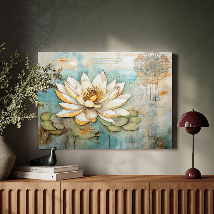 Portrait Stretched Canvas Lotus Floral Indian Classic Madhubani Wall Art Print Décor Printed on Canvas Stretched on Wood 41x56 cm