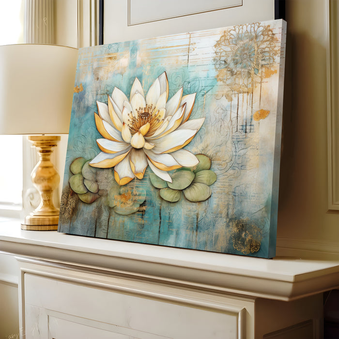 Portrait Stretched Canvas Lotus Floral Indian Classic Madhubani Wall Art Print Décor Printed on Canvas Stretched on Wood 41x56 cm