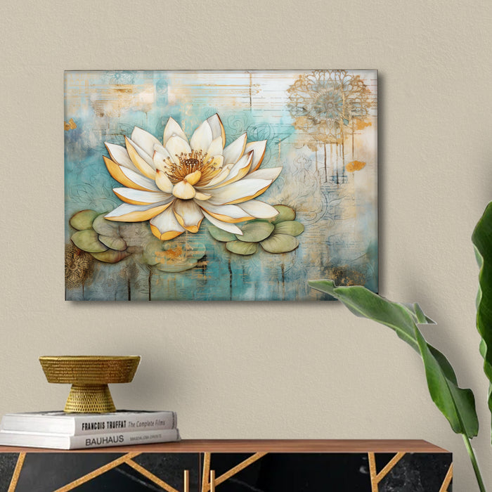 Portrait Stretched Canvas Lotus Floral Indian Classic Madhubani Wall Art Print Décor Printed on Canvas Stretched on Wood 41x56 cm