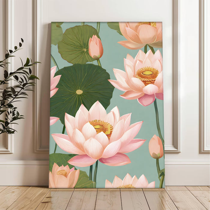 Portrait Stretched Canvas Lotus Floral Indian Classic Madhubani Wall Art Print Décor Printed on Canvas Stretched on Wood 41x56 cm