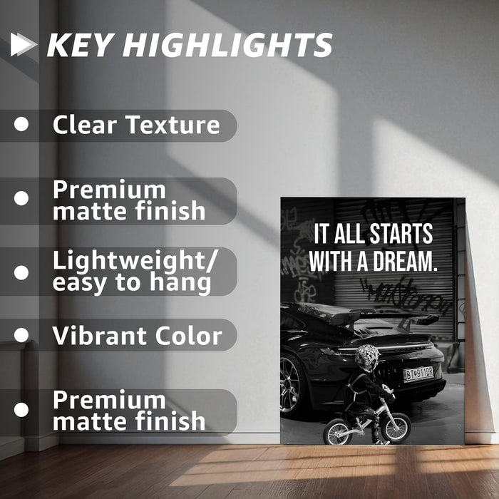 Motivational Car Stretched Canvas Painting Automotive Wall Art with Retro Car Illustration and Classic Vintage Wall Art 41x56 cm