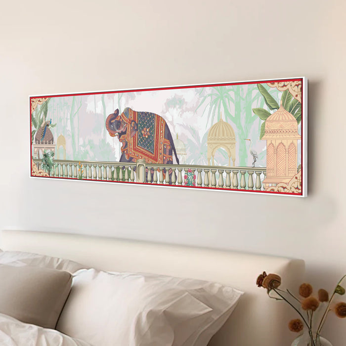 Stretched Canvas Painting Mughal Pichwai Elephant Garden Art Traditional Indian Wall Decor 30x117 cm