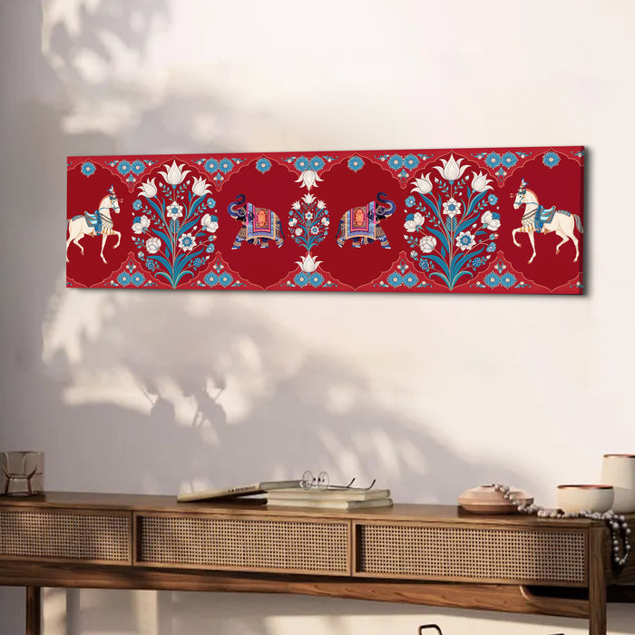 Stretched Canvas Painting Mughal Pichwai Elephant Garden Art Traditional Indian Wall Decor 30x117 cm