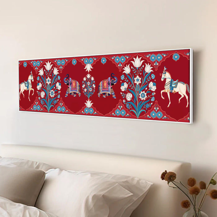 Stretched Canvas Painting Mughal Pichwai Elephant Garden Art Traditional Indian Wall Decor 30x117 cm