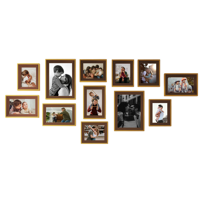 Art Street Set of 12 Savor Premium 3D Wooden Collage Photo Frame for Home Decoration (Brown-Gold, 8x12, 6x10, 5x7, 8x10 Inches)