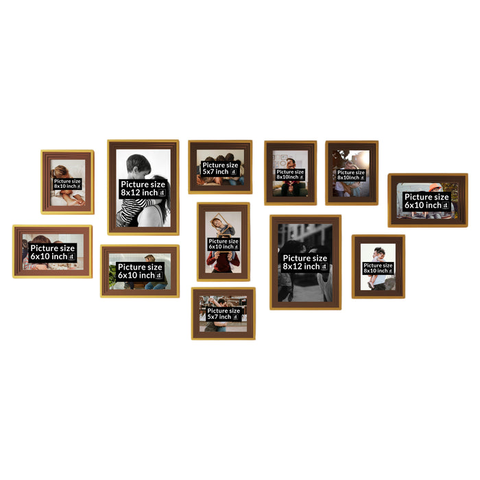Art Street Set of 12 Savor Premium 3D Wooden Collage Photo Frame for Home Decoration (Brown-Gold, 8x12, 6x10, 5x7, 8x10 Inches)