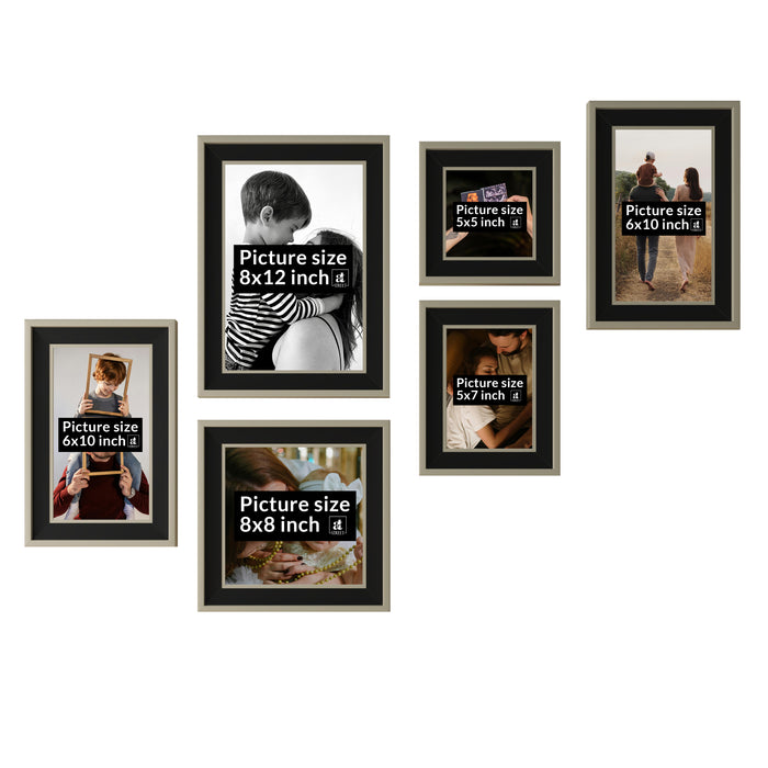 Art Street Set-of 6 Bait Premium 3D Photo Frame for Home Décor (Black-Silver, 8"x12", 6"x10", 8"x8", 5"x5", 5"x7" )