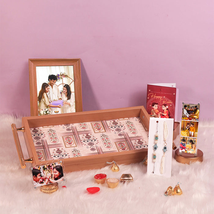 Rakshabandhan Gift Hamper for Brother and Bhabhi, Photo Frame and Serving Tray 2 Rakhi with Chawal and Roli Gift Set for Celebrate Raksha Bandhan