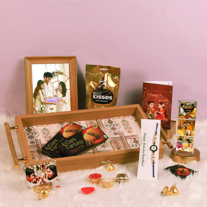 Rakshabandhan Chocolate Gift Hamper for Brother and Bhabhi, Photo Frame and Serving Tray, Evil Eye Rakhi with Chawal and Roli Gift Set for Celebrate Raksha Bandhan
