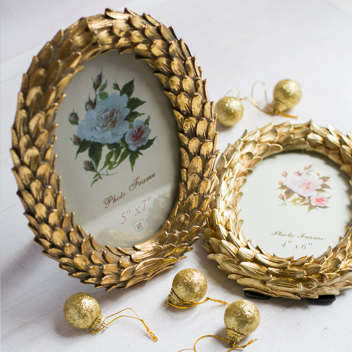 Oval Golden Leaves Table Photo Frame For Home Décor Round Shape