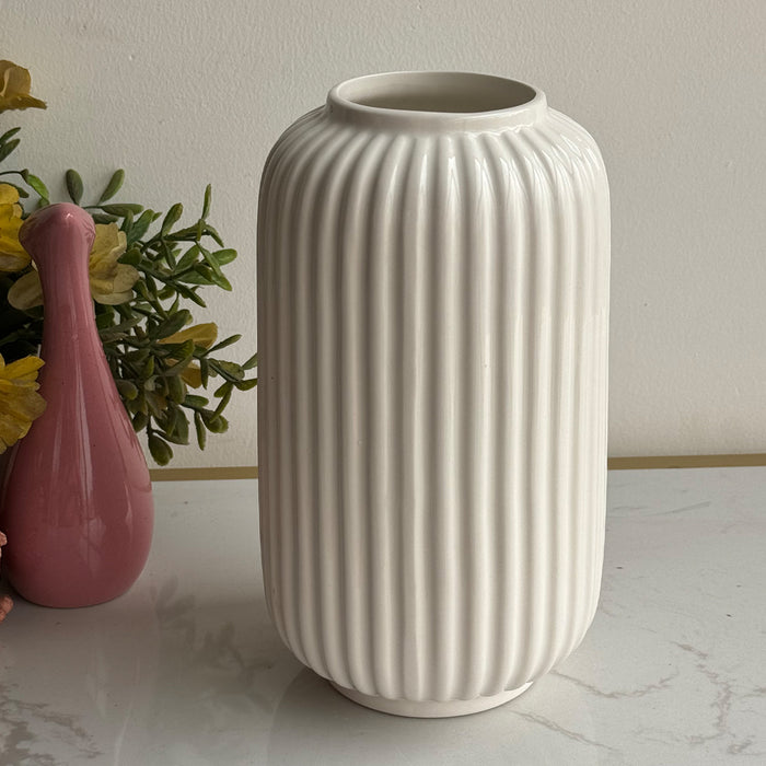 Decorative White Shell Ribbed Modern Vase,  Decorative Flower Pot for Home, Office, Living Room, Bedroom, Etc.