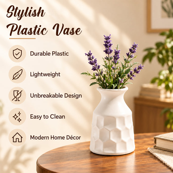 White Plastic Tabletop Flower Vase, Home Decor, Living Room, Bedroom, Office, Decorative Flower Vase, (5.2x4 Inch)