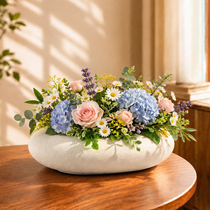 Off-White Textured Oval Plastic Bowl Vase, Tabletop Home Decor, Living Room, Bedroom, Office, Decorative Flower Vase, Centerpiece, (10x2.5 Inch)