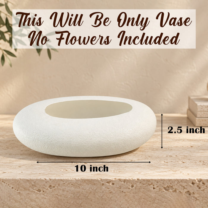Off-White Textured Oval Plastic Bowl Vase, Tabletop Home Decor, Living Room, Bedroom, Office, Decorative Flower Vase, Centerpiece, (10x2.5 Inch)