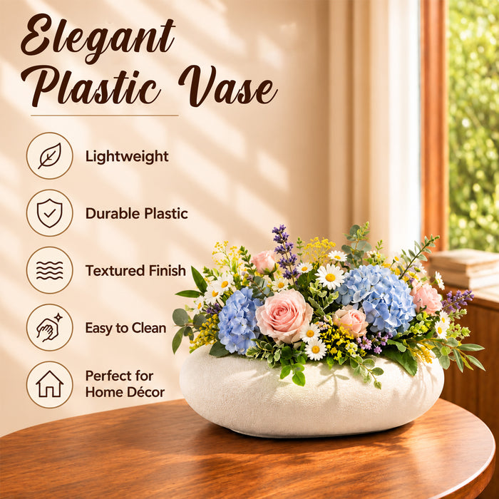 Off-White Textured Oval Plastic Bowl Vase, Tabletop Home Decor, Living Room, Bedroom, Office, Decorative Flower Vase, Centerpiece, (10x2.5 Inch)