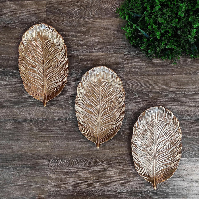 Art Street Golden Palm Leaves Tray MDF Wall Plate For Living Room, Decorative Wall Hanging Carved Decal for Home Décor (Set of 3, 7x11.5 Inch)