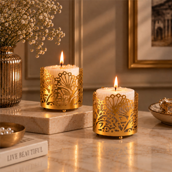 Diwali Set of 2 Gold Metal Cutout Votive Candle Holders with Pillar Candles for Festive Home Decor