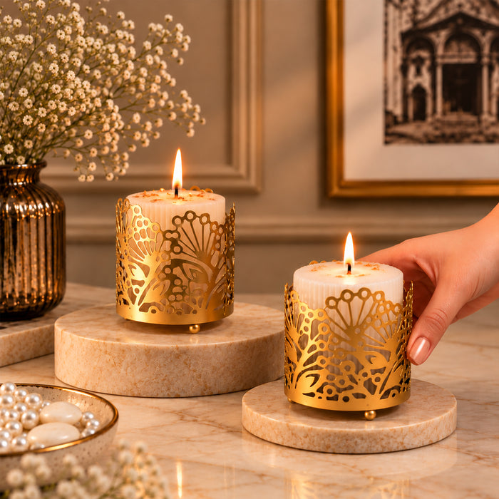 Diwali Set of 2 Gold Metal Cutout Votive Candle Holders with Pillar Candles for Festive Home Decor
