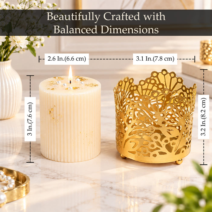 Diwali Set of 2 Gold Metal Cutout Votive Candle Holders with Pillar Candles for Festive Home Decor