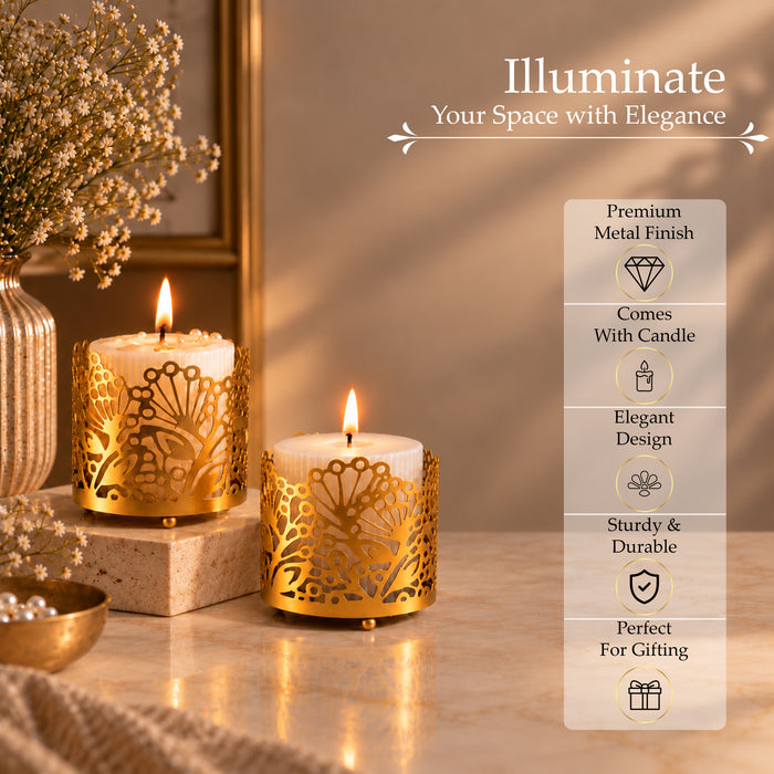 Diwali Set of 2 Gold Metal Cutout Votive Candle Holders with Pillar Candles for Festive Home Decor