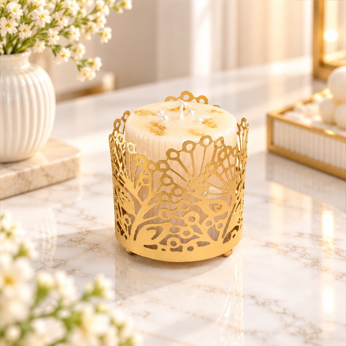 Diwali Set of 2 Gold Metal Cutout Votive Candle Holders with Pillar Candles for Festive Home Decor