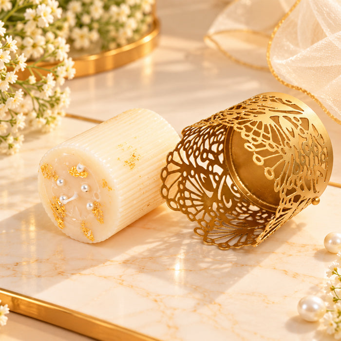 Diwali Set of 2 Gold Metal Cutout Votive Candle Holders with Pillar Candles for Festive Home Decor