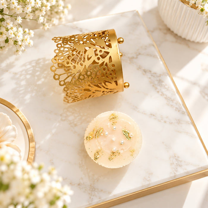 Diwali Set of 2 Gold Metal Cutout Votive Candle Holders with Pillar Candles for Festive Home Decor