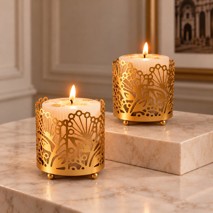 Diwali Set of 2 Gold Metal Cutout Votive Candle Holders with Pillar Candles for Festive Home Decor