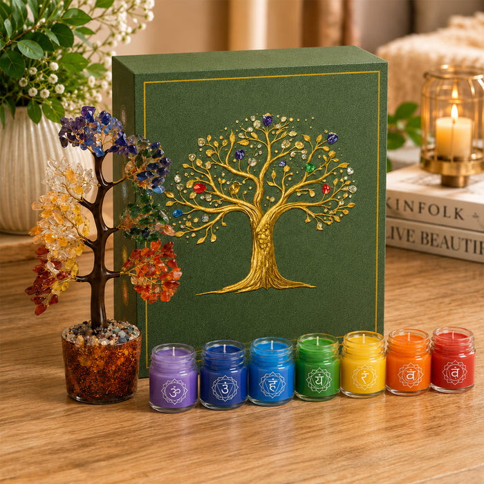 7 Chakra Crystal Tree & Candle Gift Hamper, Vastu Decorative Item with Scented Candles for Meditation & Home Decor (10x8.5 Inch)