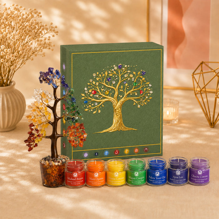 7 Chakra Crystal Tree & Candle Gift Hamper, Vastu Decorative Item with Scented Candles for Meditation & Home Decor (10x8.5 Inch)