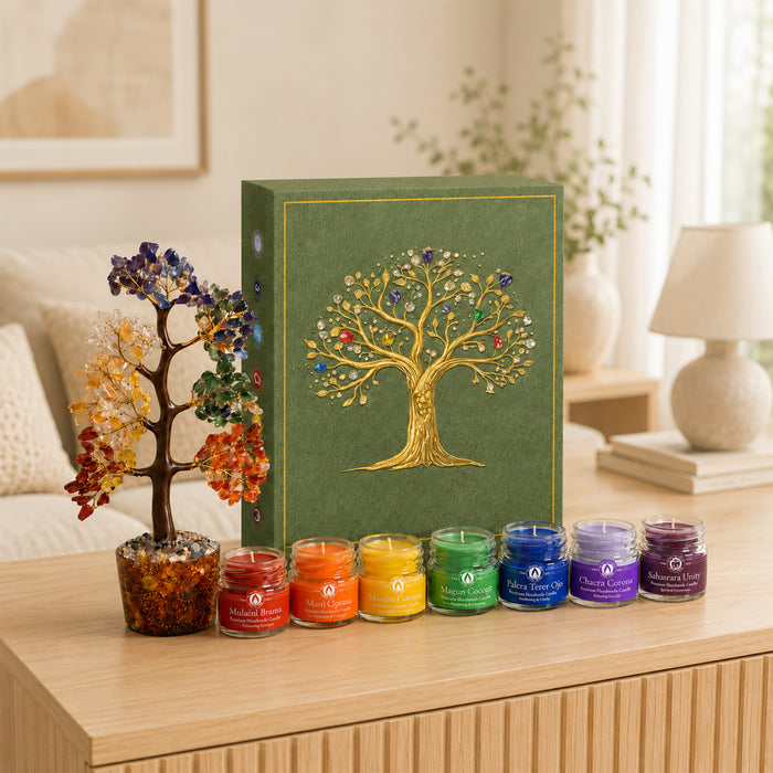 7 Chakra Crystal Tree & Candle Gift Hamper, Vastu Decorative Item with Scented Candles for Meditation & Home Decor (10x8.5 Inch)