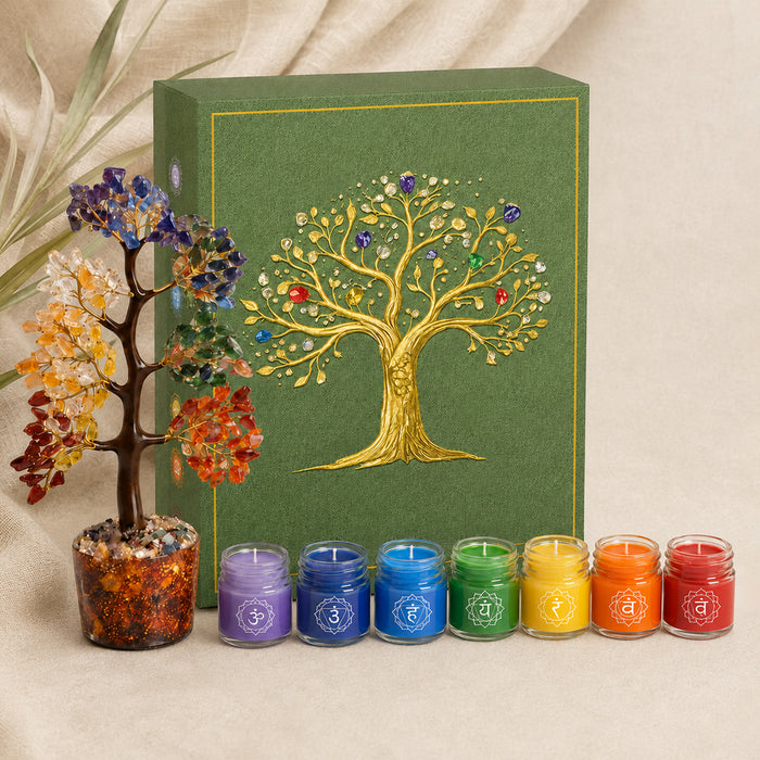 7 Chakra Crystal Tree & Candle Gift Hamper, Vastu Decorative Item with Scented Candles for Meditation & Home Decor (10x8.5 Inch)