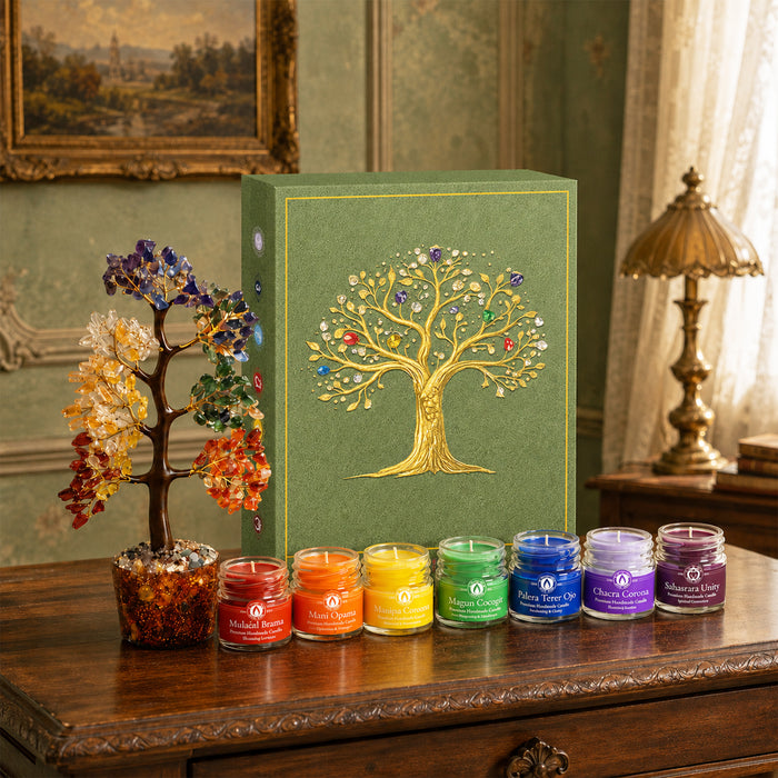 7 Chakra Crystal Tree & Candle Gift Hamper, Vastu Decorative Item with Scented Candles for Meditation & Home Decor (10x8.5 Inch)