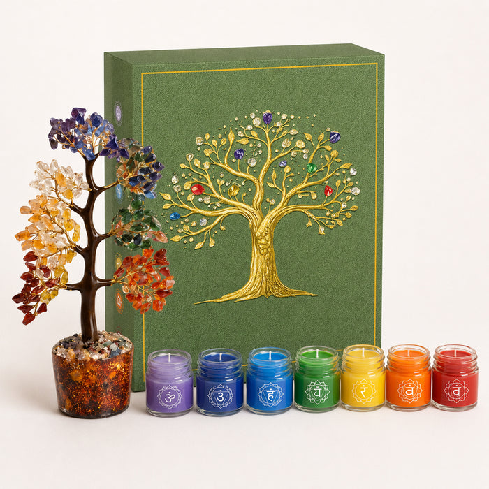 7 Chakra Crystal Tree & Candle Gift Hamper, Vastu Decorative Item with Scented Candles for Meditation & Home Decor (10x8.5 Inch)
