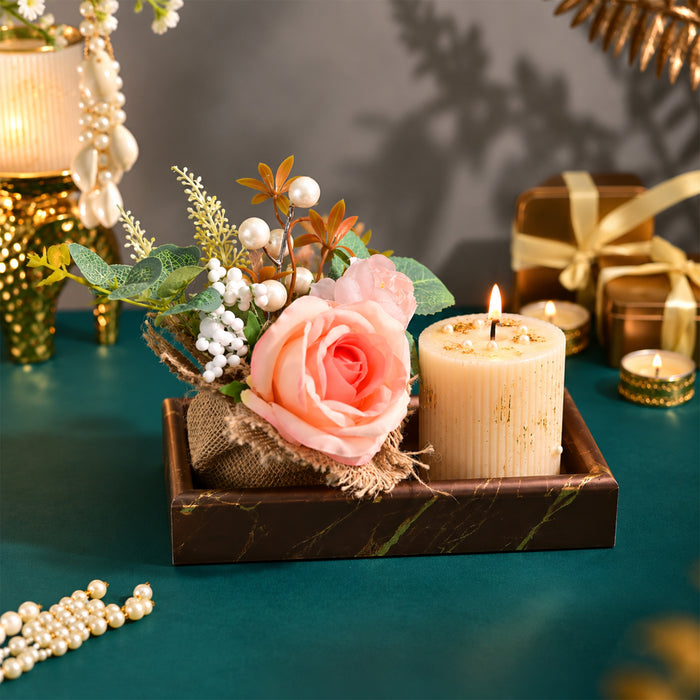 Diwali Gift Set with Pink Artificial Rose Pot, Scented Candle & Candle, Decorative Festive Gift Box for Diwali, Home Décor, Family & Friends Gifting