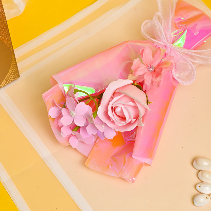 Pink Artificial Rose & Blossom Mini Bouquet, Elegant Floral Gift Wrapped in Pink Foil for Birthday, Anniversary, Valentine’s Day & Gifting