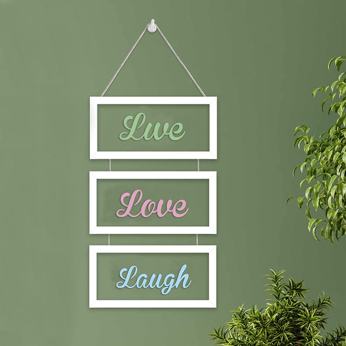 Set of 3 White Framed MDF Wall Plaques for Wall Decoration Live Love Laugh Plaque for Home Décor (Color - Green, Pink and Blue, Size - 20 x 9 Inchs)