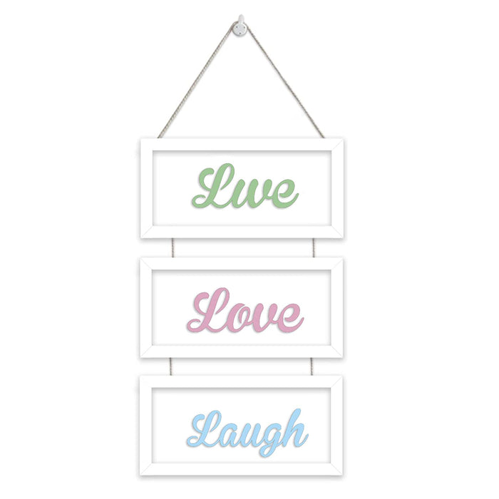 Set of 3 White Framed MDF Wall Plaques for Wall Decoration Live Love Laugh Plaque for Home Décor (Color - Green, Pink and Blue, Size - 20 x 9 Inchs)