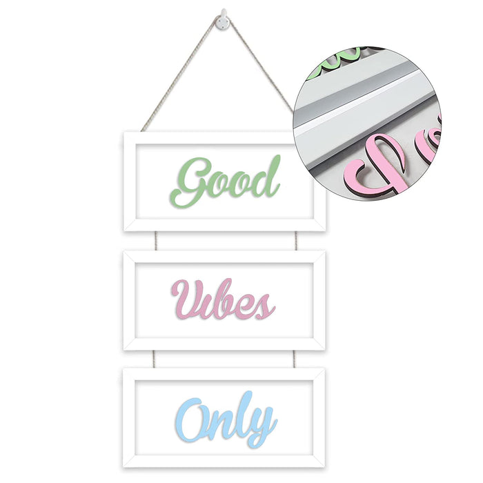 Set of 3 White Framed MDF Wall Plaques for Wall Decoration Good Vibes Only Plaque for Home Décor (Color - Green, Pink and Blue, Size - 20 x 9 Inchs)
