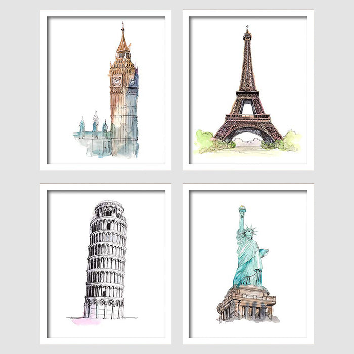 Big Ben Tower, Eiffel Tower, Pisa Tower and Statue of Liberty Framed Painting / Posters for Room Decoration , Set of 4 White Frame