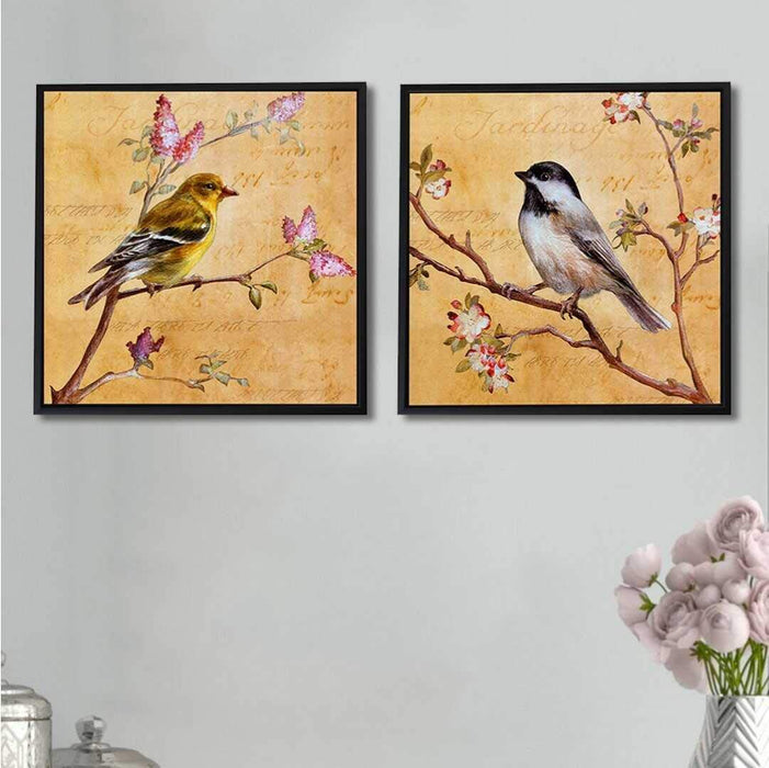 Beautiful Floral Bird Theme Peach Color Framed Canvas Art Print, For Home & Office Decor