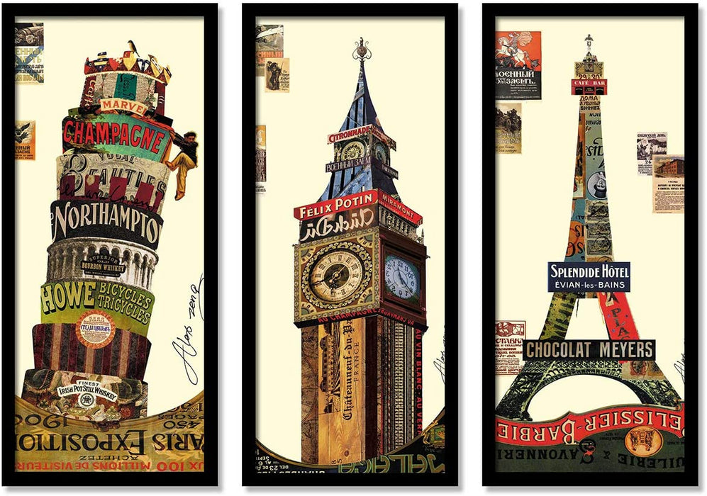 Pisa Tower, Big Ben Tower and Eiffel Tower Posters for Room Decoration , Set of 3 Black Frame Art Prints / Posters for Living Room