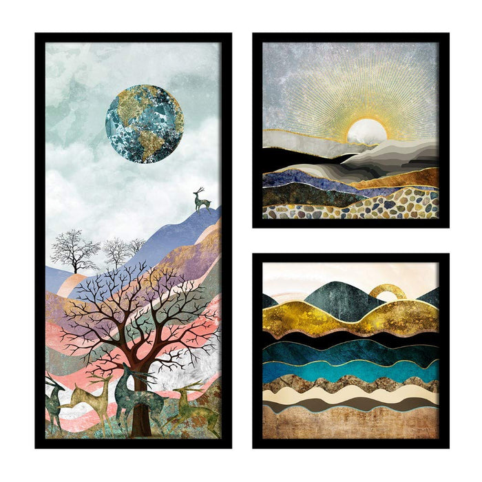 Art Street Nature's Glow Theme In Colorful Background Framed Printed Set of 3 Wall Art Print= ( BOHO collection)