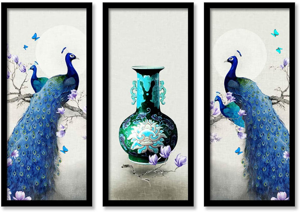 Art Street Peacock Theme Framed Painting, 3 Framed Art Prints for Living Room in Grey Background