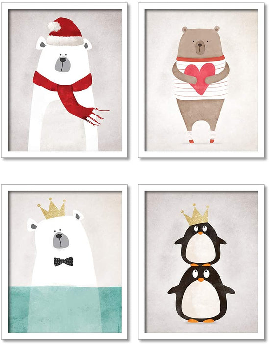 Cartoon Bear Penguin Framed Painting / Posters for Room Decoration , Set of 4 White Frame Art Prints / Posters for Living Room